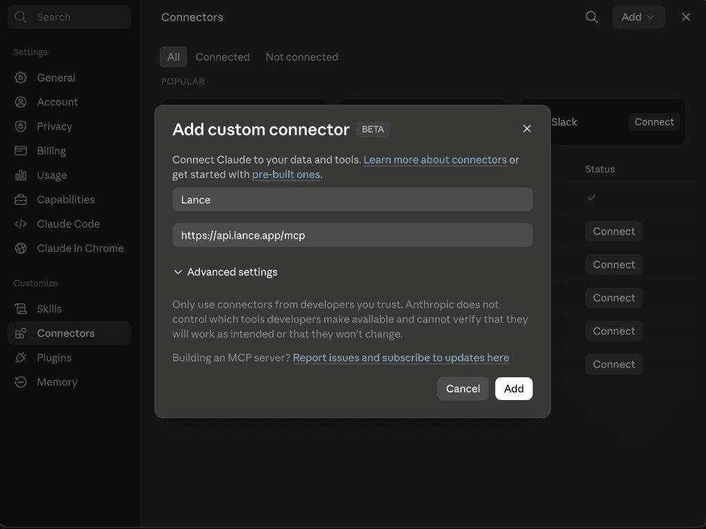 Claude's Add custom connector dialog with the name Lance and the Lance MCP server URL filled in, and Advanced settings left empty
